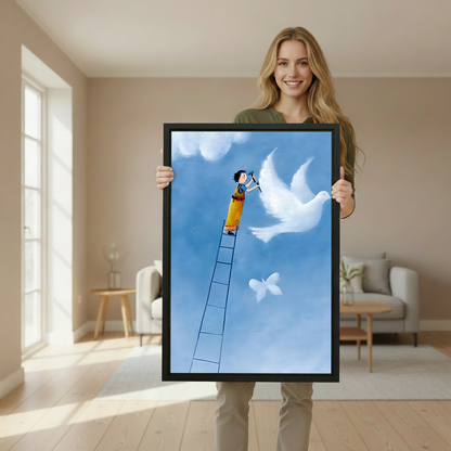 Woman holding a large framed whimsical boy painting dove sky art print to demonstrate print size in a bright Scandinavian-style interior