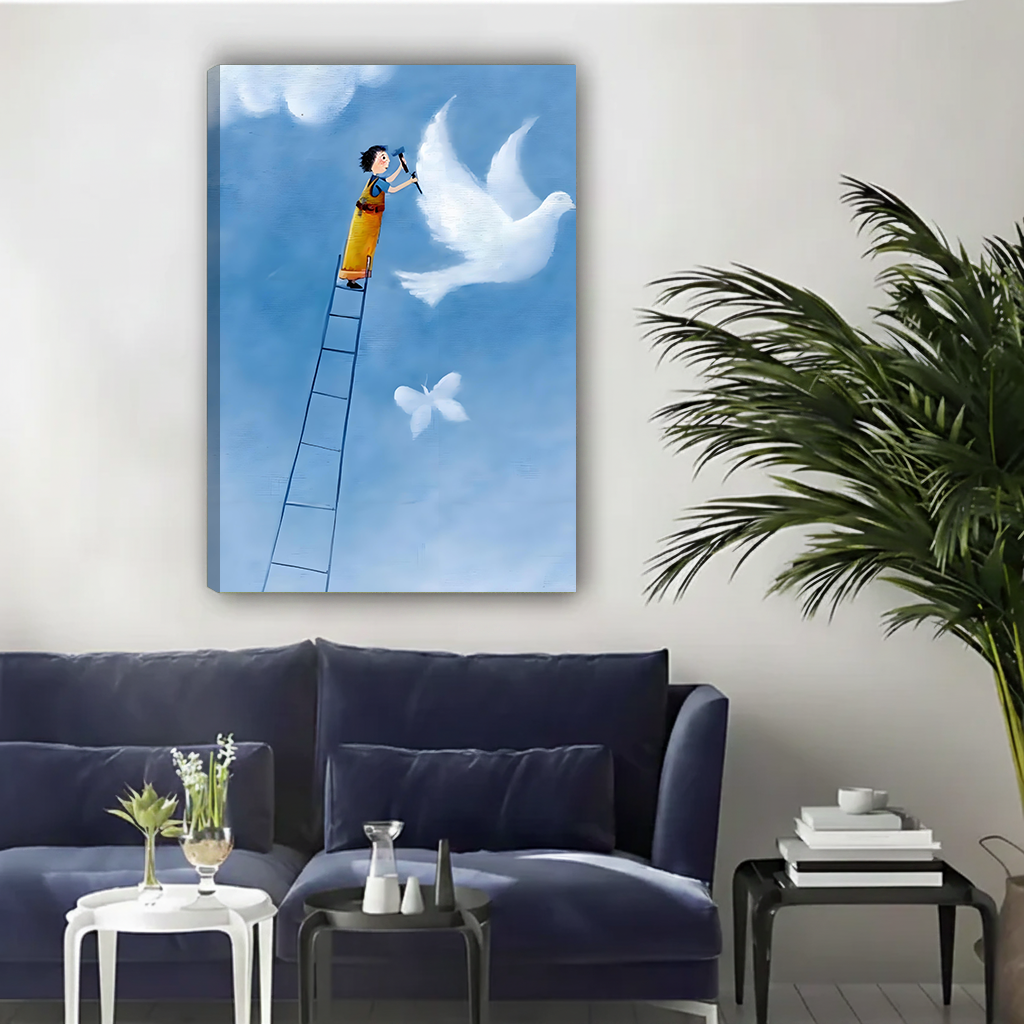Unframed whimsical boy painting dove sky gallery-wrap canvas print with cerulean blue background hung above a navy sofa in a contemporary living room