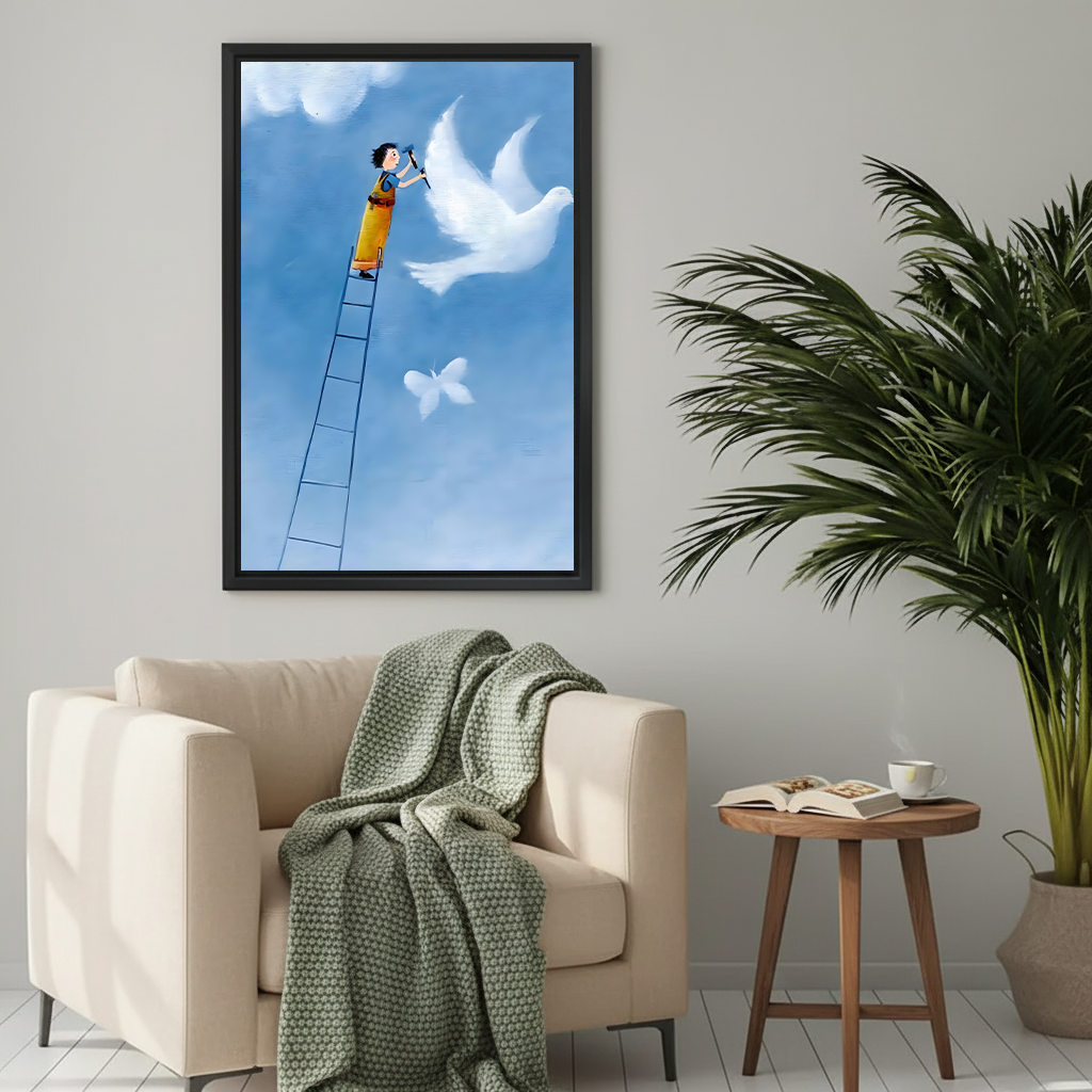 Whimsical boy painting dove sky framed canvas print on a light grey wall above a cream armchair with a green knit throw in a cosy living room