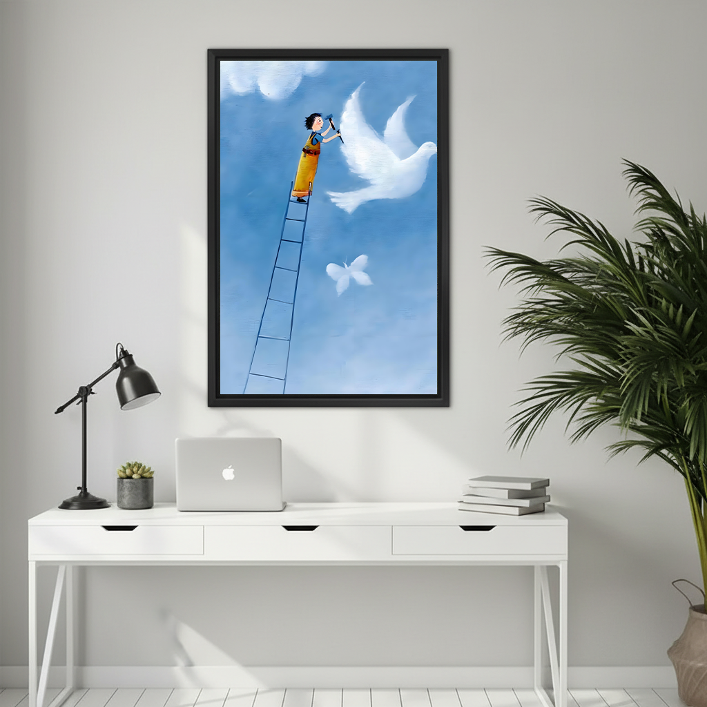 Framed whimsical boy painting dove sky wall art displayed above a white desk with a laptop and lamp in a minimalist home office