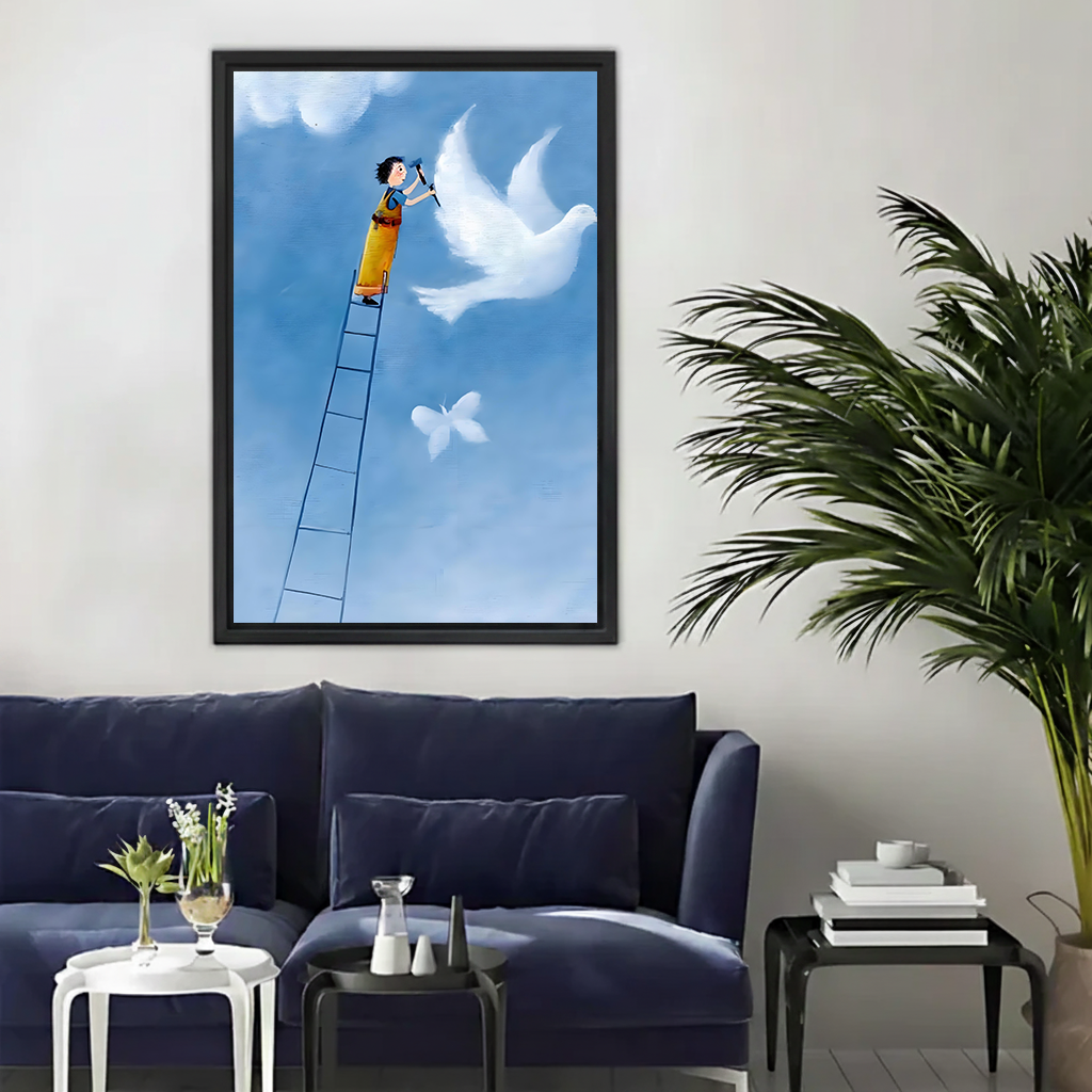 Whimsical boy painting dove sky canvas wall art in black float frame displayed above a navy blue sofa in a modern living room