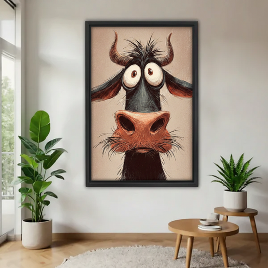 Large black framed print of a whimsical bull face staring straight ahead with exaggerated nostrils and messy horns, hung on a white wall between two tropical potted plants