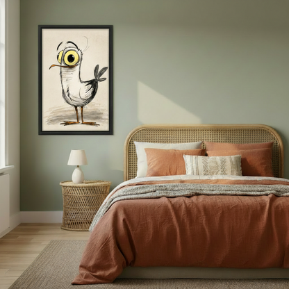 Whimsical hand-drawn cartoon bird framed canvas print hanging on a sage green bedroom wall above a rattan bed
