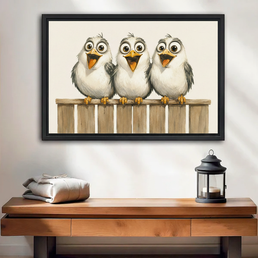 Whimsical cartoon birds framed canvas wall art hanging above beige sofa in cozy living room