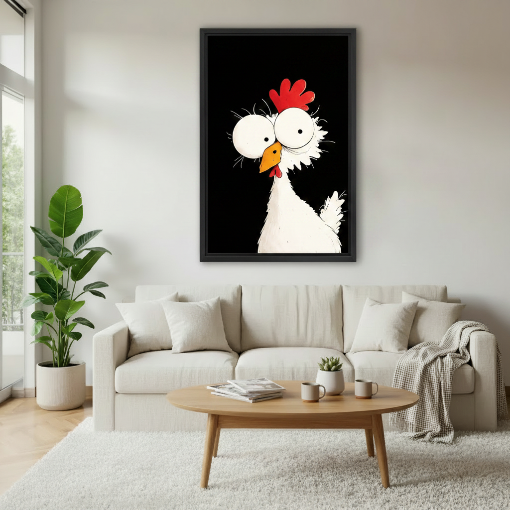 Whimsical cartoon chicken canvas wall art in black frame above cream sofa in contemporary neutral living room