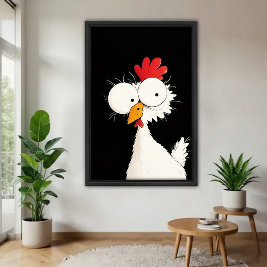 Whimsical cartoon chicken framed canvas wall art on white wall with black background flanked by green indoor plants