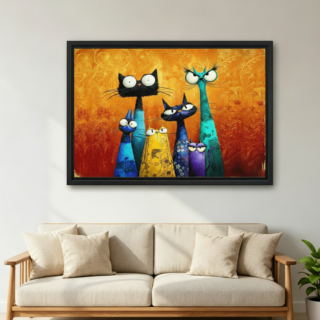 Large framed canvas print of six expressive whimsical cats with bold colors hung above a beige linen sofa in a bright modern living room