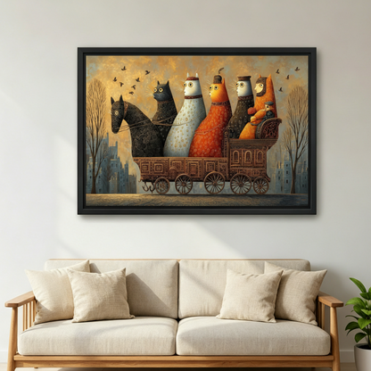 Whimsical cat carriage wall art in black frame above beige sofa, fantasy vintage print for living room decor