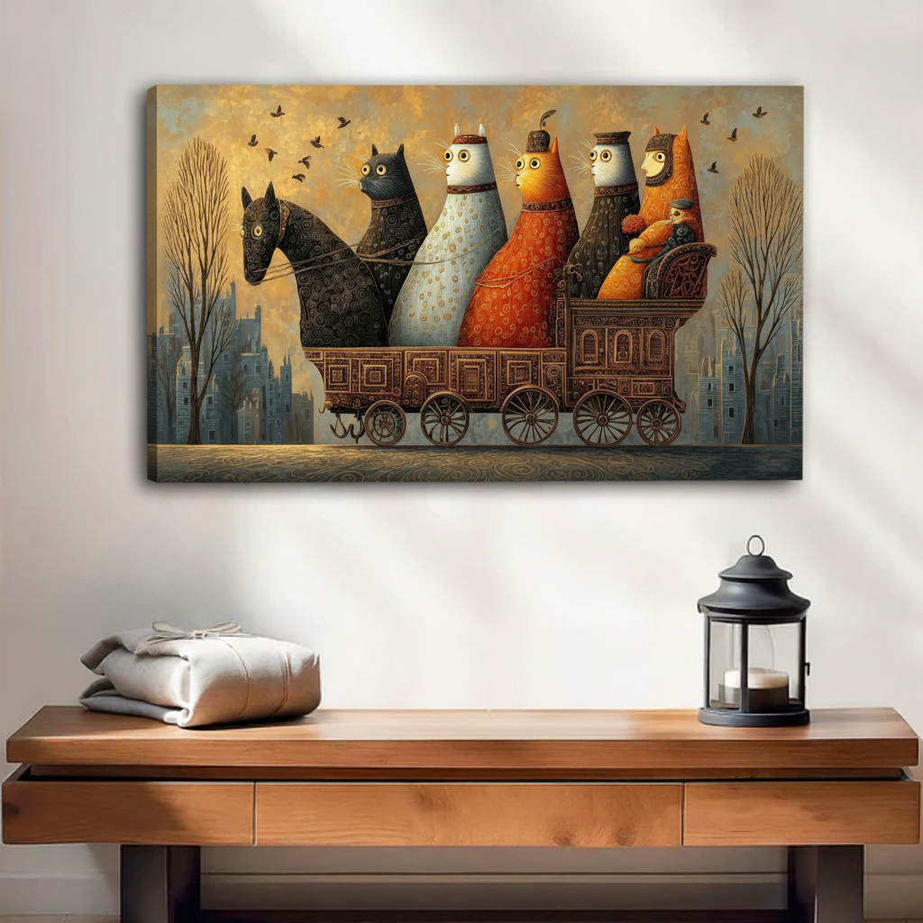 Frameless canvas wrap of whimsical cat carriage art on console table, gallery wrap fantasy wall art warm amber tones
