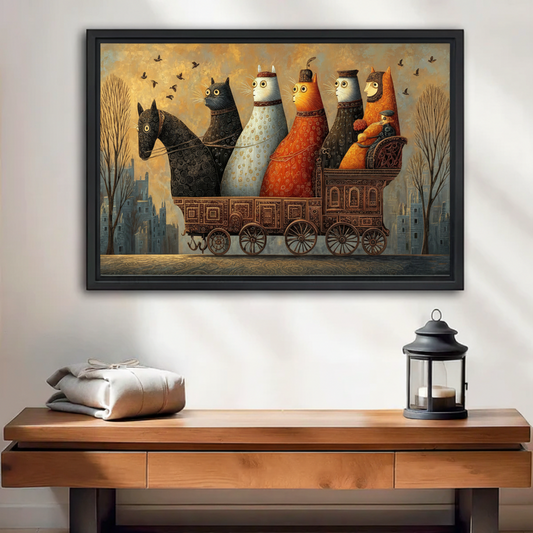 Cat carriage vintage fantasy framed wall art print on console table with lantern, eclectic maximalist home decor