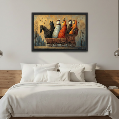 Whimsical cat carriage fantasy wall art print in black frame above modern bedroom, golden vintage tones eclectic decor