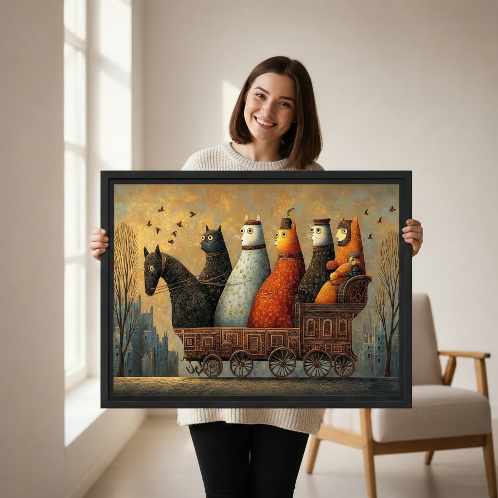 Woman holding large whimsical cat carriage framed canvas print, fantasy vintage wall art gift for cat lovers