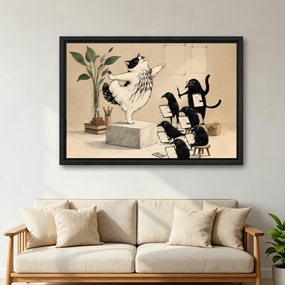 Framed whimsical cat choir canvas wall art hanging above a white bed in a minimalist bedroom.