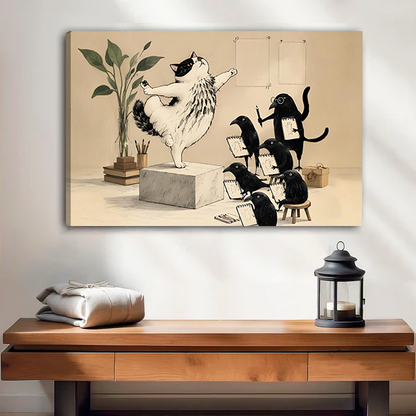 Whimsical cat choir gallery-wrap canvas wall art above a wooden console in a neutral interior.