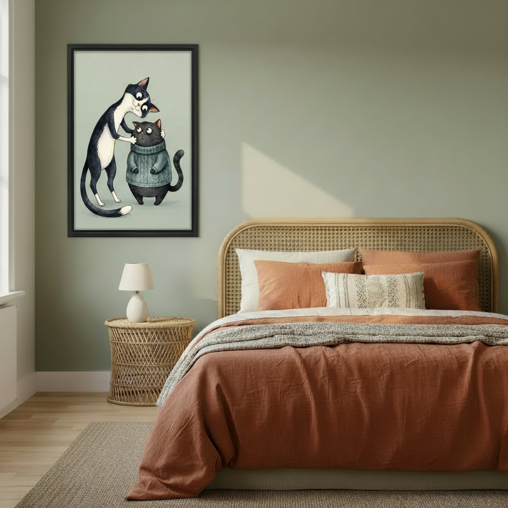 Cat face-to-face canvas wall art above a bedroom bed, showing a tall cat comforting a shy sweater-wearing cat