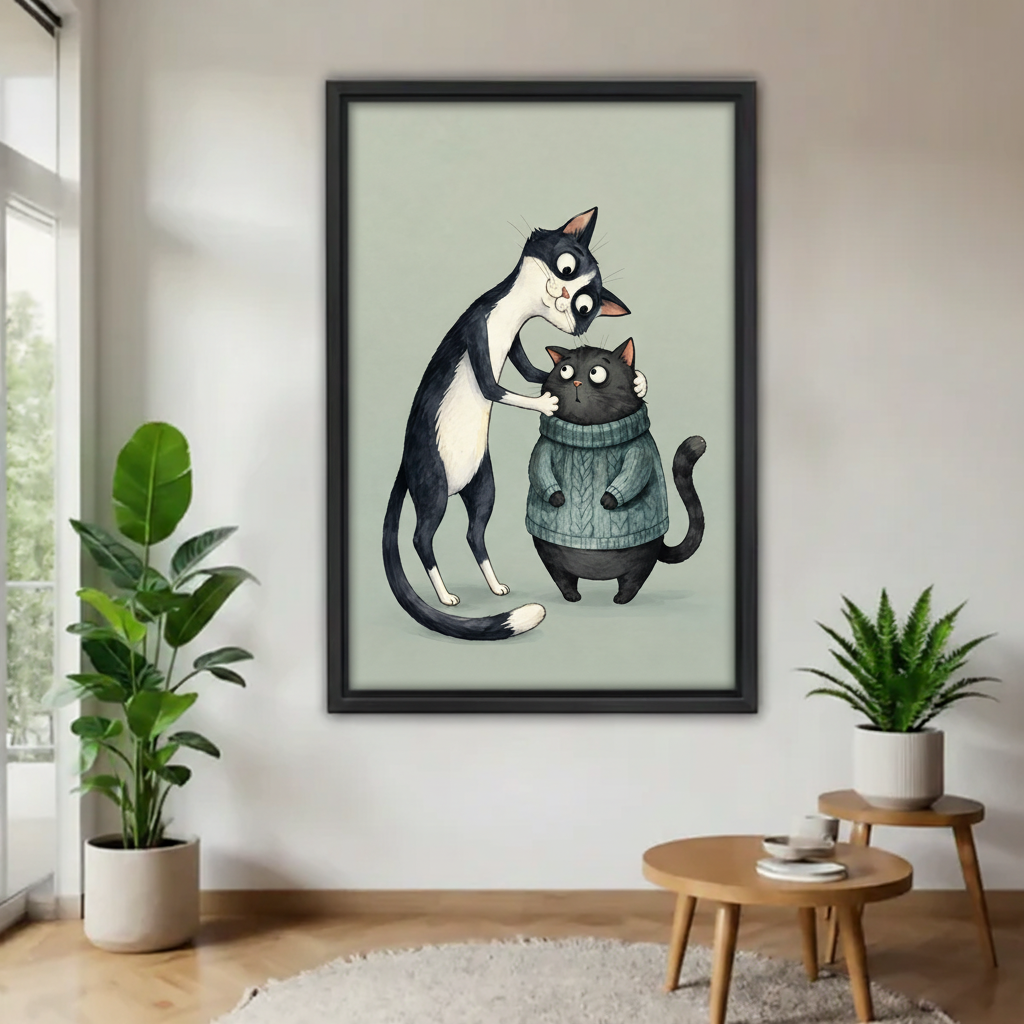 Whimsical cat face-to-face canvas wall art in a black frame, showing one cat gently holding another cat’s cheeks