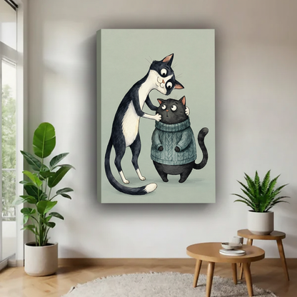 Gallery-wrap cat face-to-face canvas wall art featuring a tall black-and-white cat leaning toward a wide-eyed cat in a sweater