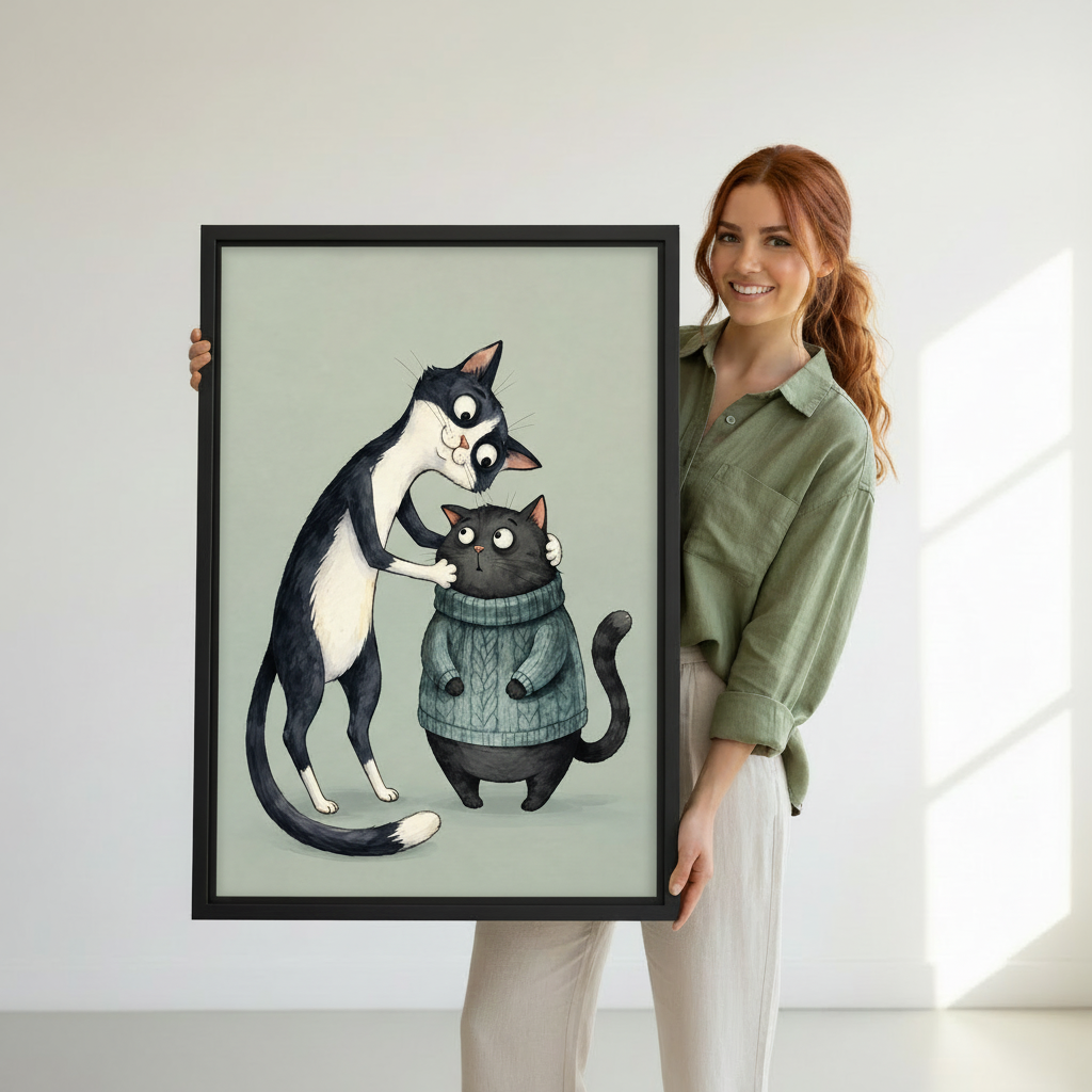 Woman holding cat face-to-face canvas wall art with one cat tenderly cupping the plump black cat’s face
