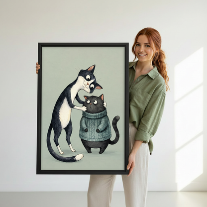 Woman holding cat face-to-face canvas wall art with one cat tenderly cupping the plump black cat’s face