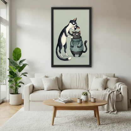 Cat face-to-face canvas wall art displayed above a sofa, capturing a playful, tender moment between two expressive cats