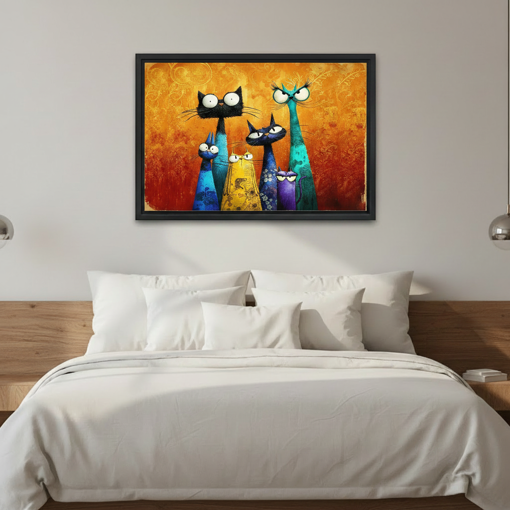 Framed whimsical colorful cat family wall art print hung above a white bed in a minimalist bedroom, featuring six expressive cats on a textured amber background