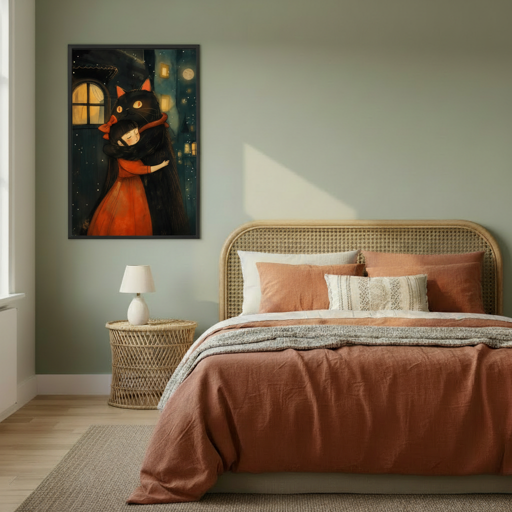 Whimsical black cat and girl hug wall art in cozy bedroom setting – fantasy storybook canvas print