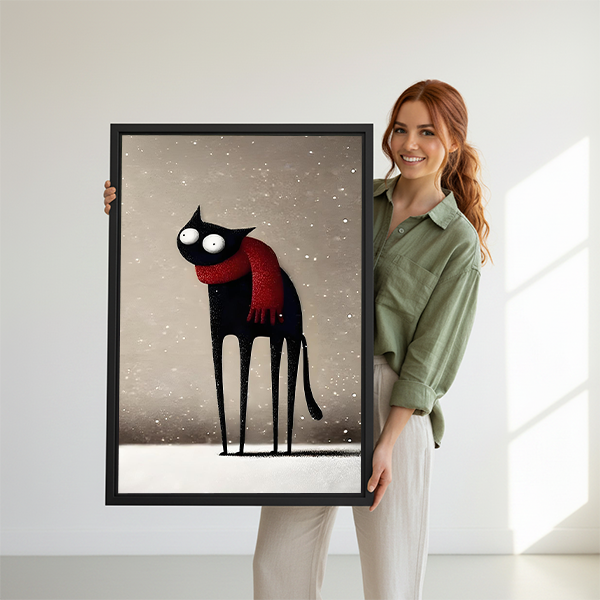 Woman holding large framed whimsical black cat art print showing actual size reference