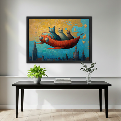 Whimsical fantasy cats on flying fish framed wall art mounted above a black console table with green plants in a bright minimalist interior
