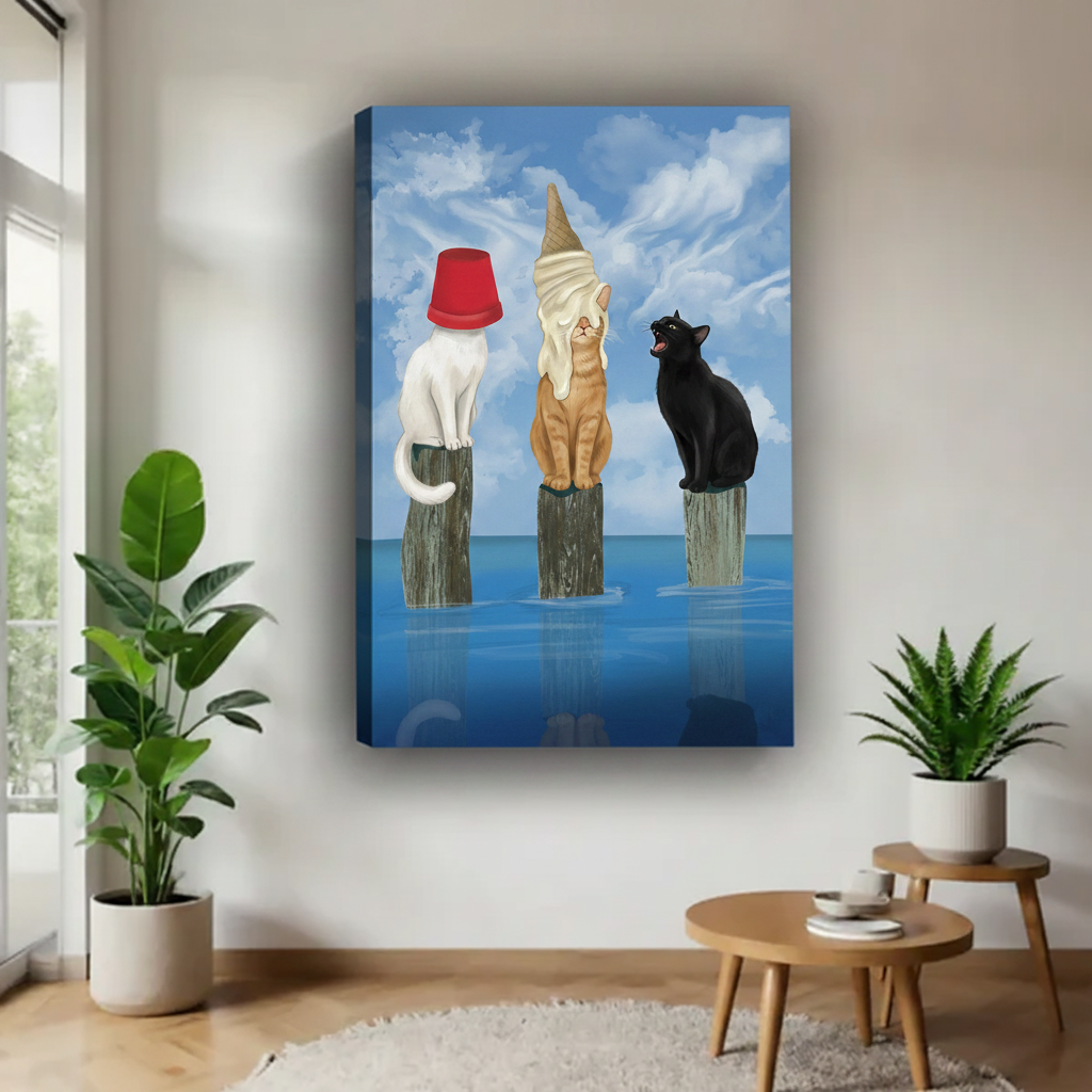 Three funny cats on pier unframed gallery wrap canvas wall art, surreal whimsical cat ocean print living room decor