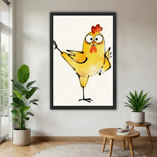  Whimsical watercolor chicken canvas wall art in black frame hanging on white living room wall