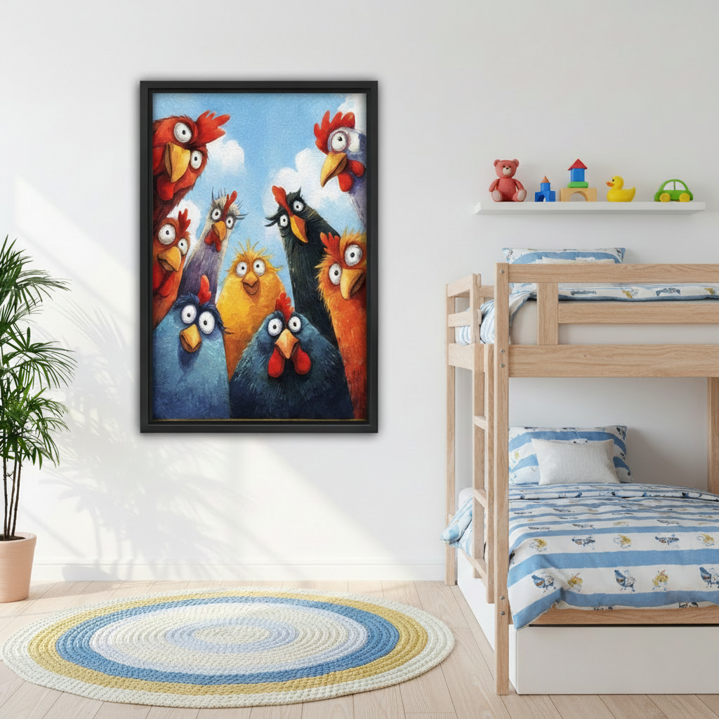 Whimsical chicken canvas wall art in black frame decorating colorful kids bedroom above bunk bed