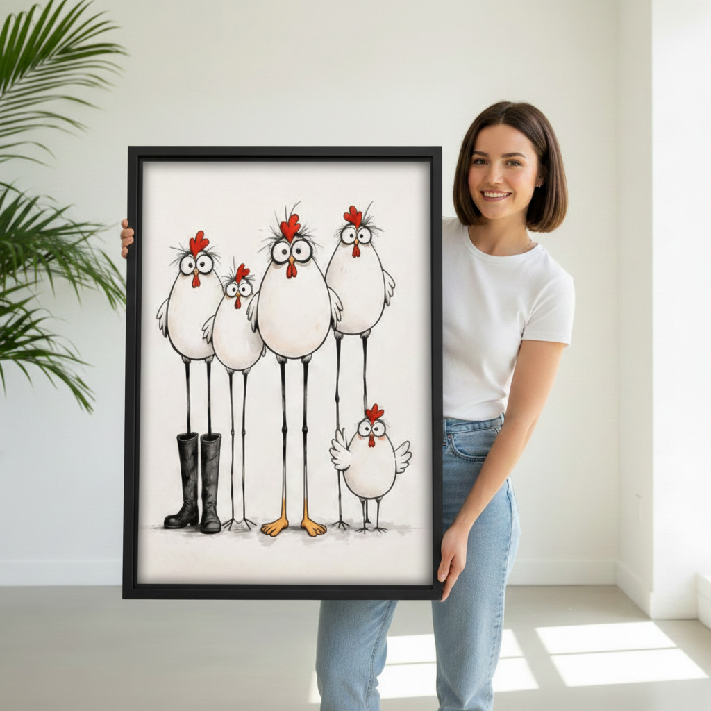 Woman holding large framed whimsical chicken canvas wall art showing print size and premium quality