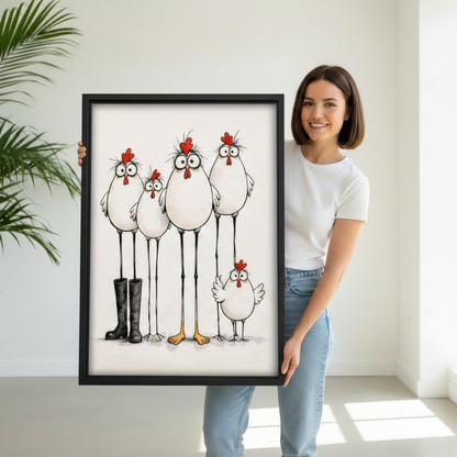 Woman holding large framed whimsical chicken canvas wall art showing print size and premium quality
