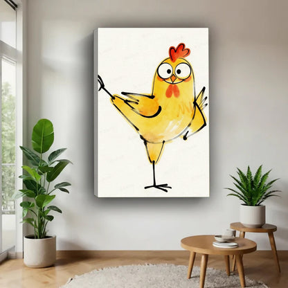 Unframed gallery wrap canvas of playful watercolor chicken wall art in modern interior