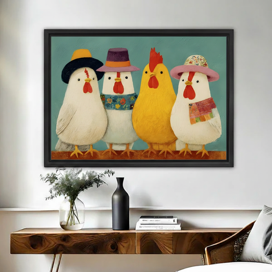 Colorful framed art print of four dressed-up chickens in vintage hats, styled above a rustic wooden sideboard in a Scandinavian living room