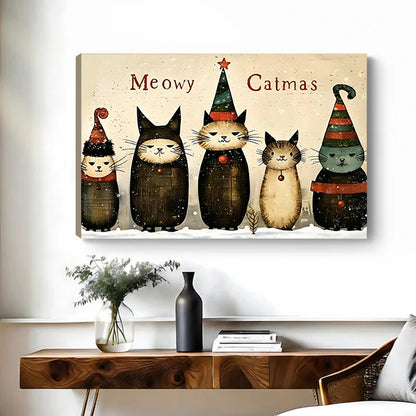 Christmas cats canvas wall art with frameless edges displayed above a wooden living room console