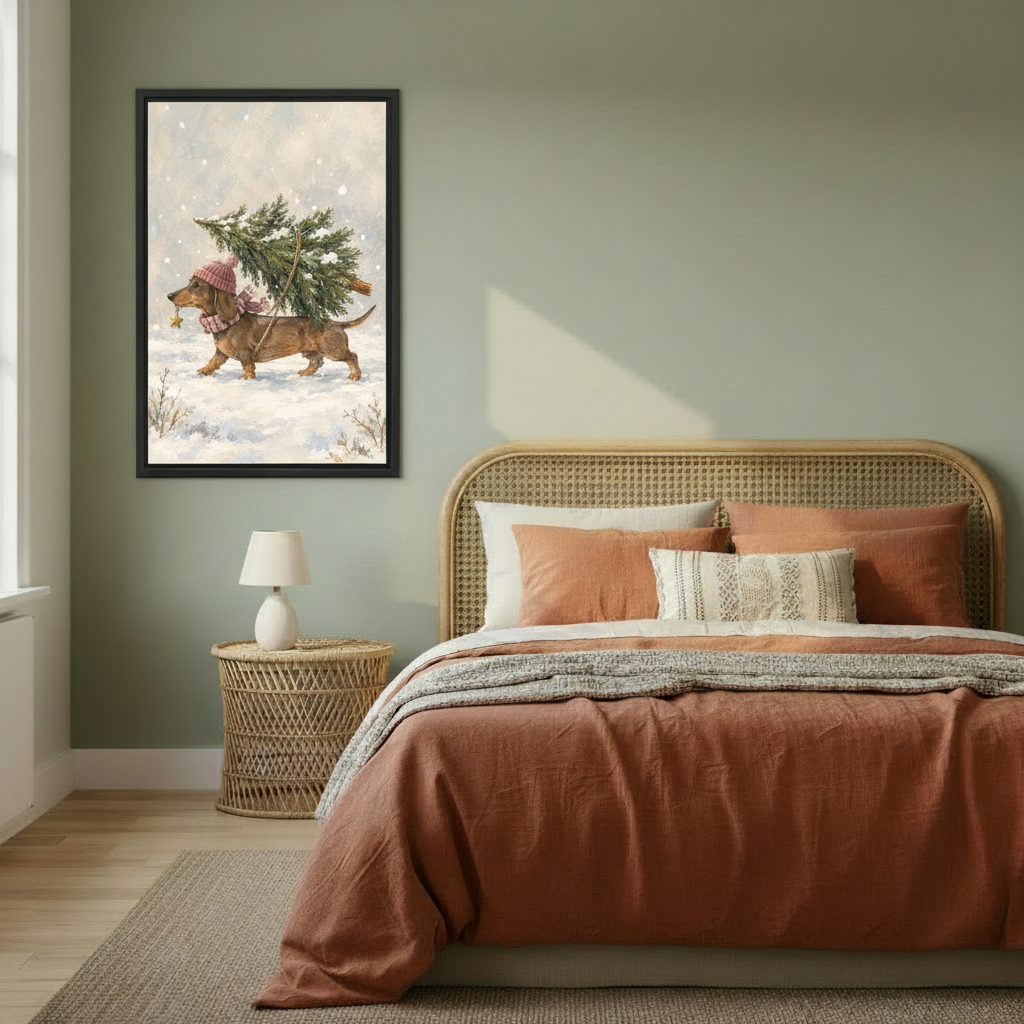 Christmas dachshund canvas wall art above a bedroom bed, showing a bundled dog carrying a small evergreen tree through snow