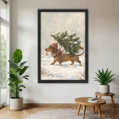 Whimsical Christmas dachshund canvas wall art in a black frame, showing a pink-hatted dog carrying a snowy evergreen tree