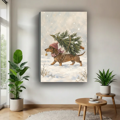 Gallery-wrap Christmas dachshund canvas wall art featuring a scarf-wearing dog carrying a snow-covered tree through winter