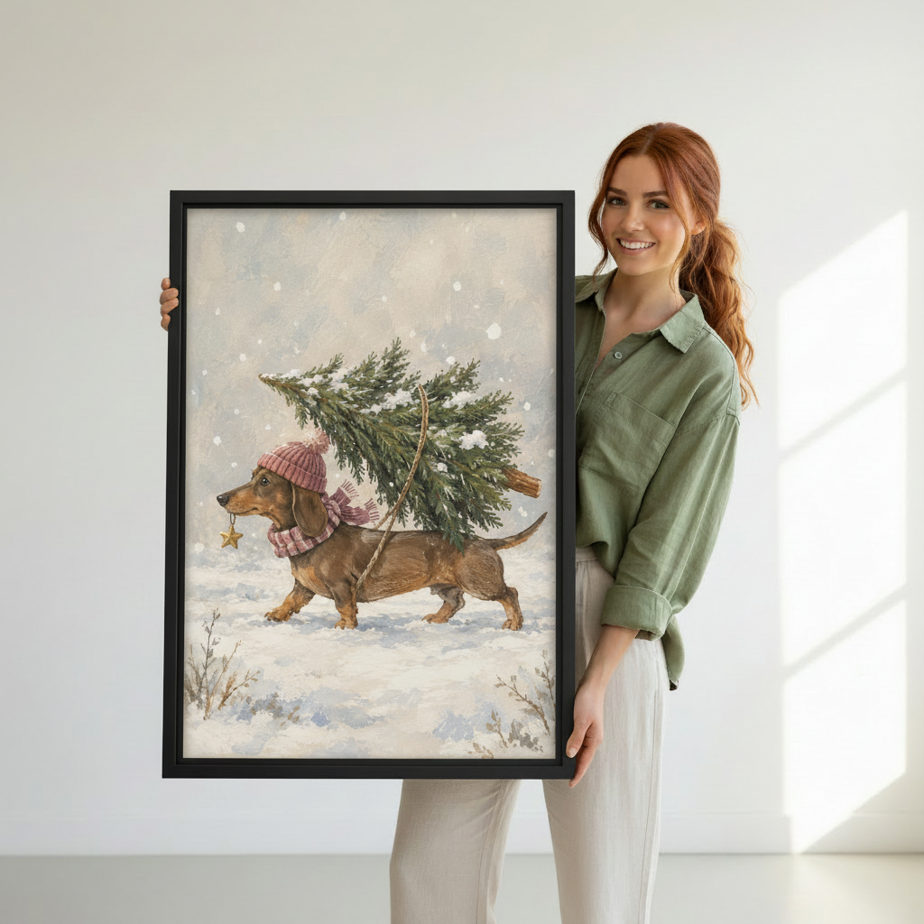 Woman holding Christmas dachshund canvas wall art depicting a festive dog with a pink hat, scarf, star ornament, and evergreen tree