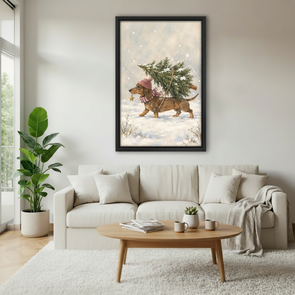 Christmas dachshund canvas wall art displayed above a living room sofa, bringing snowy holiday charm to a bright space