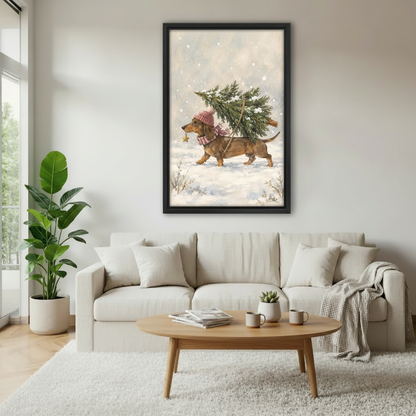 Christmas dachshund canvas wall art displayed above a living room sofa, bringing snowy holiday charm to a bright space