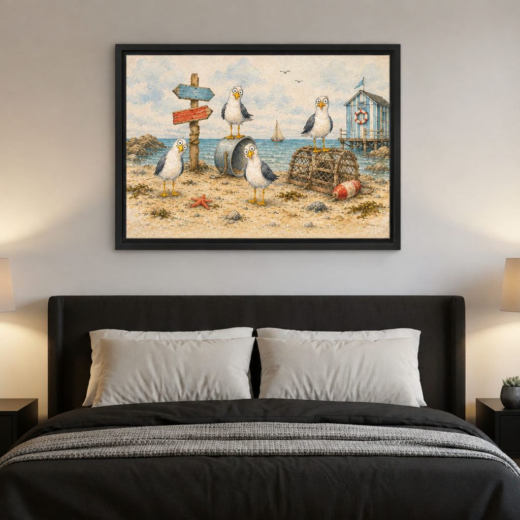 Black-framed whimsical coastal seagulls canvas wall art hanging above a dark headboard with white pillows.