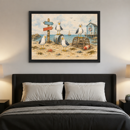 Black-framed whimsical coastal seagulls canvas wall art hanging above a dark headboard with white pillows.