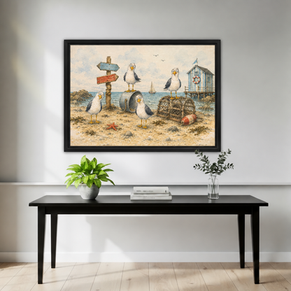 Whimsical coastal seagulls canvas wall art in a black frame above a black console with plants.