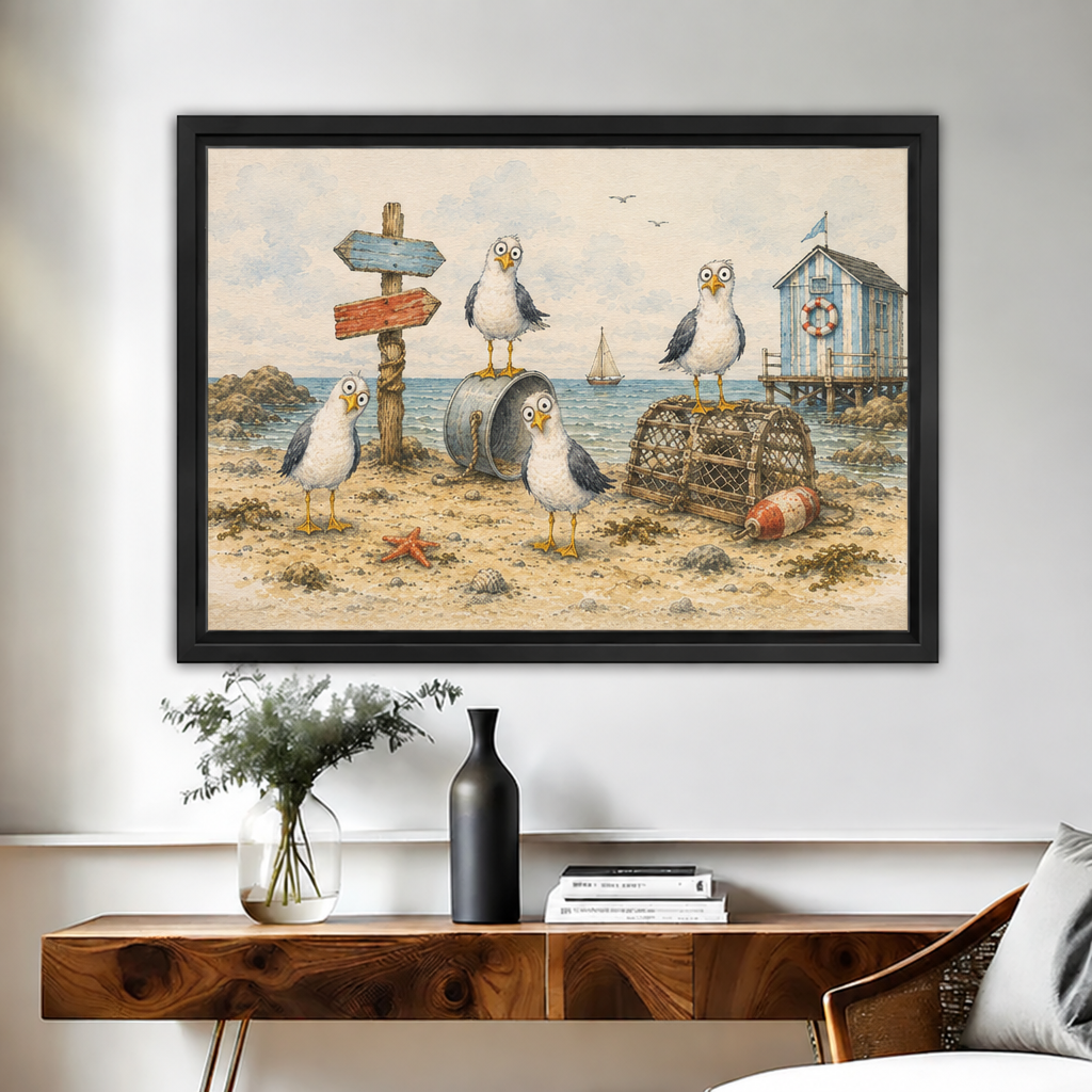 Black-framed whimsical coastal seagulls canvas wall art above a wooden console with vases and stacked books.