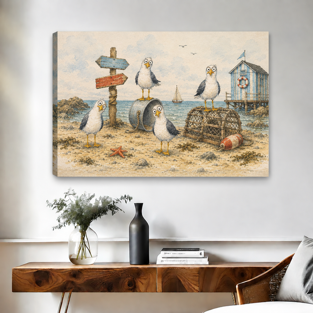 Unframed whimsical coastal seagulls canvas wall art with visible wrapped edges displayed above a wooden console.
