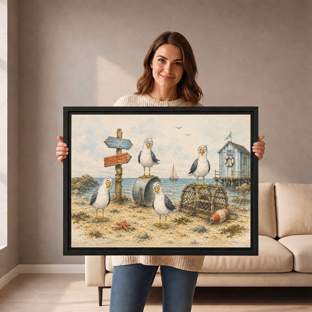 Woman holding black-framed whimsical coastal seagulls canvas wall art featuring four birds, fishing gear, and a seaside hut.