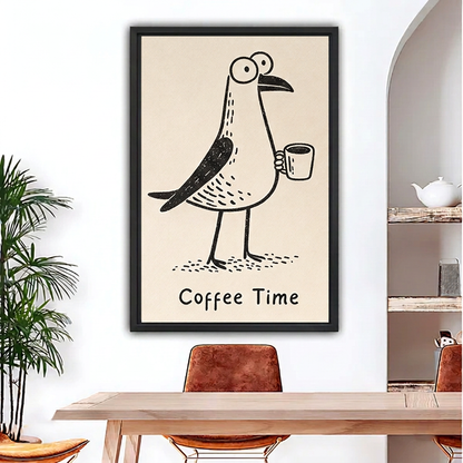 Black-framed whimsical coffee bird canvas wall art with Coffee Time lettering above a dining table beside arched shelves.