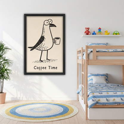Black-framed whimsical coffee bird canvas wall art beside wooden bunk beds beneath a shelf of colorful toys.